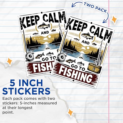 (2 Pack) Keep Calm and Go Fishing Stickers - Fishing Enthusiast Stickers - Outdoor Adventure Stickers - 5" On Longest Side - Sticks to Any Smooth Flat Surface - Made in USA - BMCS2618