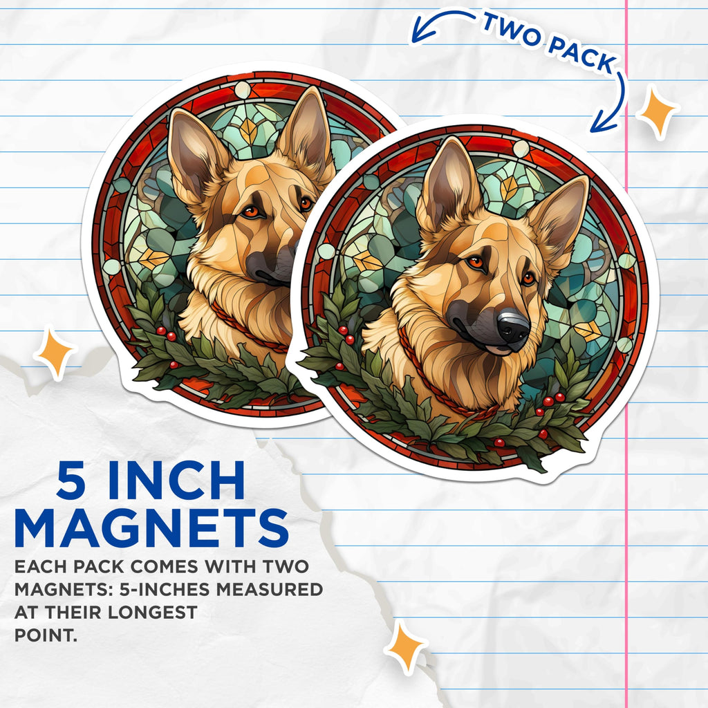 (2 Pack) German Shepherd Magnets - Stained Glass Dog - Christmas Holiday Decor - 5 Inches On Longest Side - Thick Durable Magnet - Made in USA - MAG28978