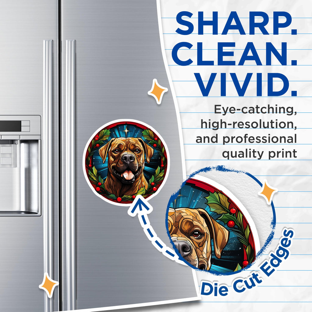 (2 Pack) Christmas Dog Magnets - Festive Canine Decor - Stained Glass Pet Art - Holiday Kitchen Refrigerator Accessories - 5 Inches On Longest Side - Thick Durable Magnet - Made in USA - MAG23482
