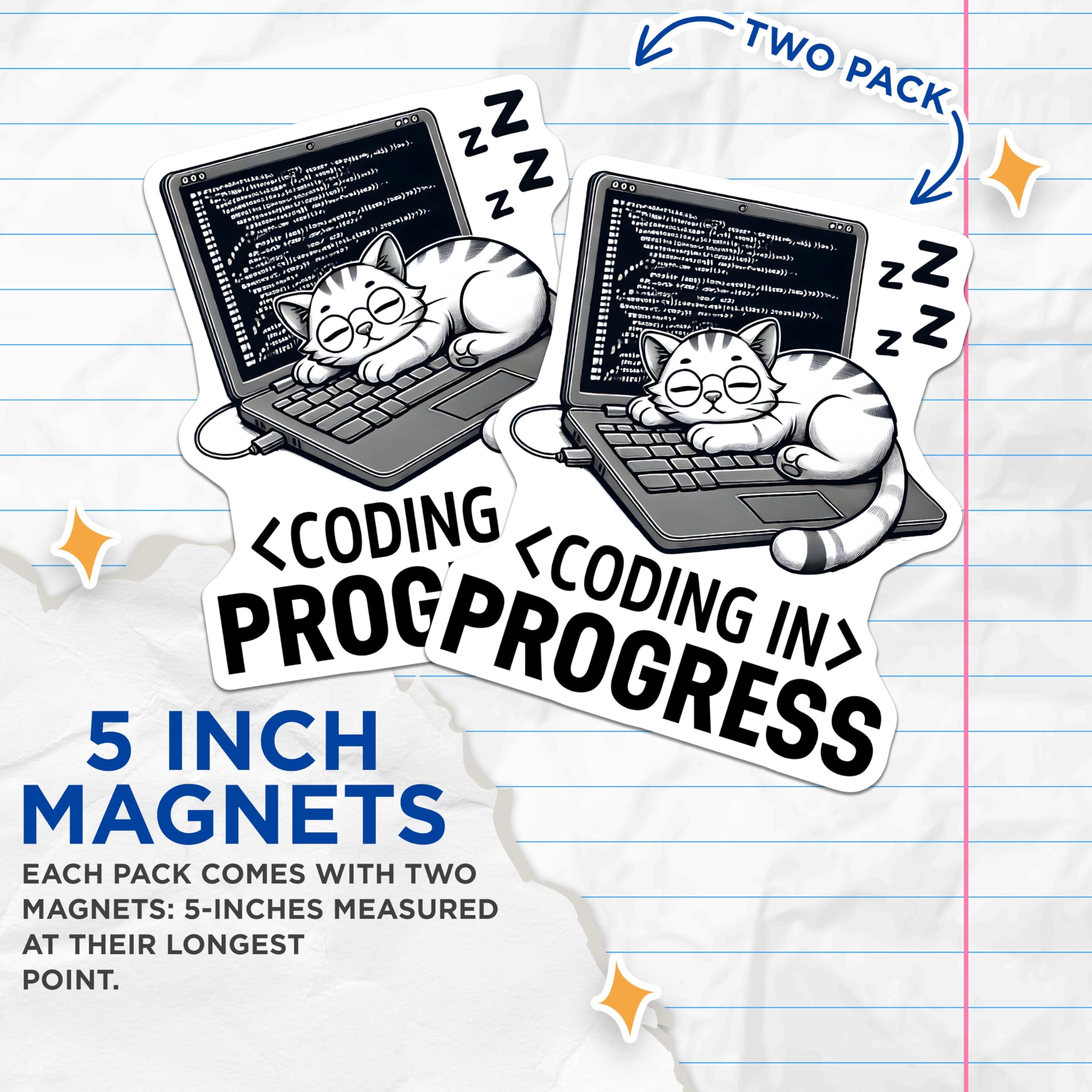(2 Pack) Coding in Progress Magnets - Cute Cat on Laptop - Programmer's Workspace - Developer Office Decor - 5" On Longest Side - for Cars, Fridges, Toolboxes - Made in USA - MAG7423