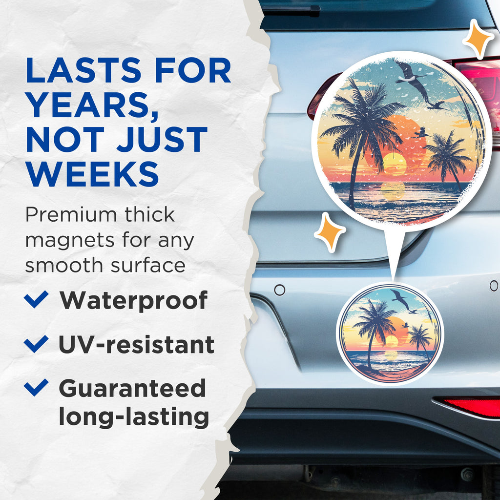 (2 Pack) Tropical Sunset Magnets - Beach Palm Tree - Coastal Ocean Vibe - Vacation Refrigerator Decor - 5 Inches On Longest Side - Thick Durable Magnet - Made in USA - MAG36836