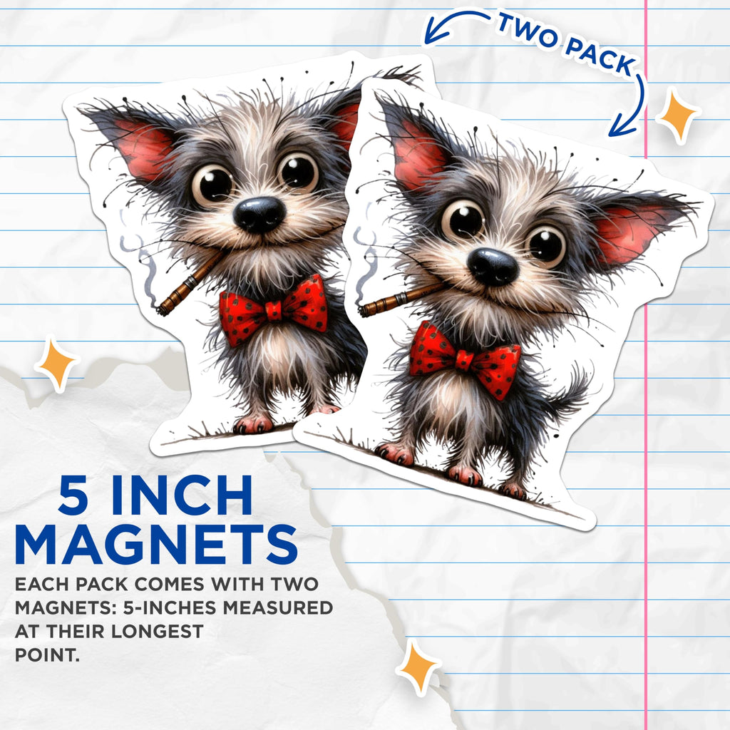 (2 Pack) Funny Dog Magnets - Big Eyed Terrier Bowtie - Whimsical Cigar Dog Art - 5 Inches On Longest Side - Thick Durable Magnet - Made in USA - MAG26085