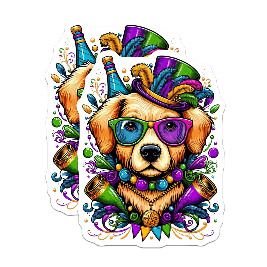 (2 Pack) Mardi Gras Dog Stickers - Party Labrador - Celebration Puppy Decals - 5" On Longest Side - Sticks to Smooth Flat Surfaces - Made in USA - BMCS15635