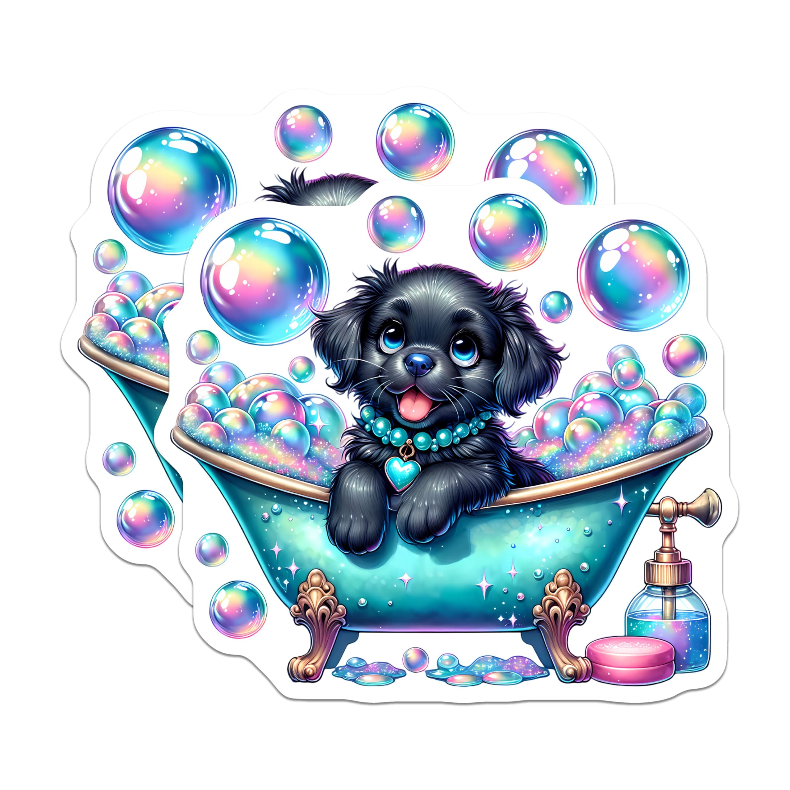 (2 Pack) Cute Puppy Bath Time Stickers - Adorable Dog Stickers - Bubble Bath Pupper Decals - 5" On Longest Side - Sticks to Smooth Flat Surfaces - Made in USA - BMCS9425