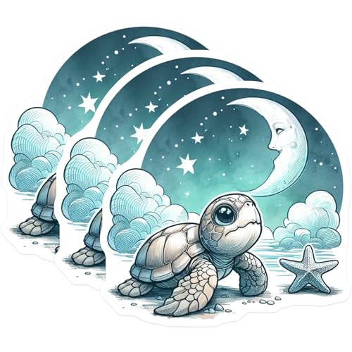 (3 Pack) Baby Turtle Decals - Moon Starfish - Ocean Sea Animal Laptop Decal - 3 Inches On Longest Side - Easy Peel & Apply - Made in USA - 3MCS0099