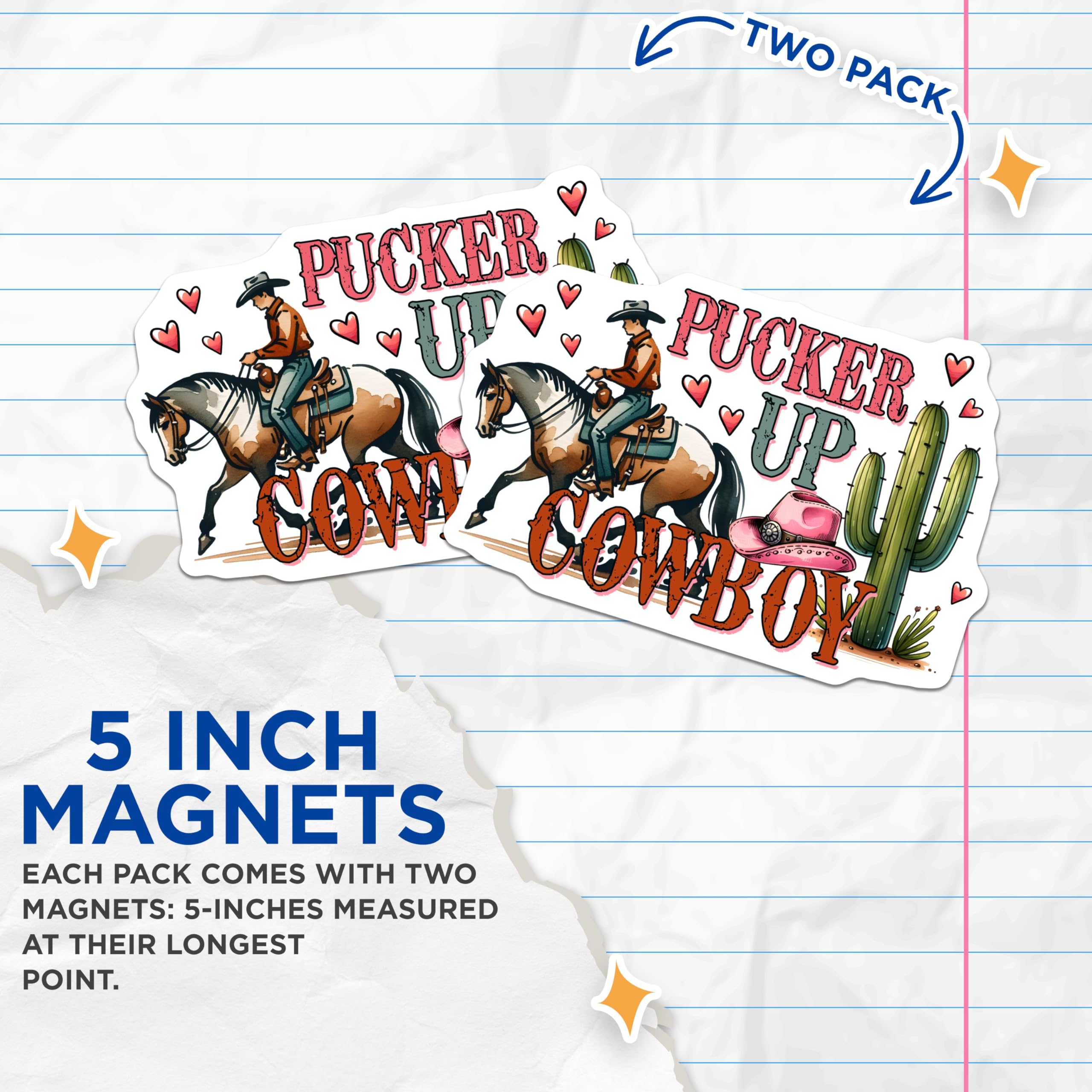 (2 Pack) Pucker Up Cowboy Magnets - Western Novelty Magnets for Fridge - Cute Cowboy Magnets for Kitchen Decor - 5" On Longest Side - for Cars, Refrigerators, Toolboxes, Lockers - Made In USA BMCS3152