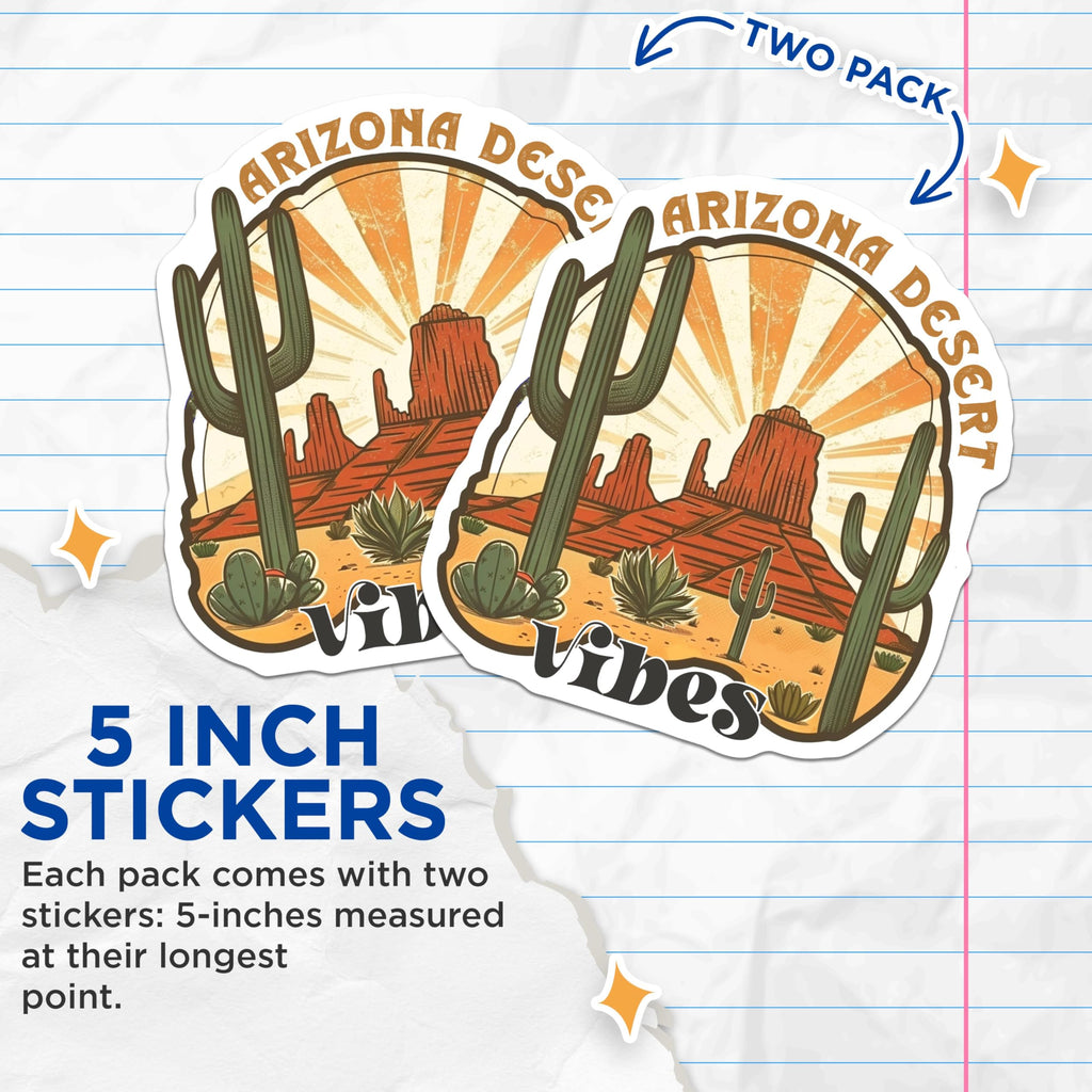 (2 Pack) Arizona Desert Vibes Stickers - Sunburst Desert Cacti Art - Southwest Landscape Stickers - 5" On Longest Side - Sticks to Smooth Flat Surfaces - Made in USA - BMCS4314