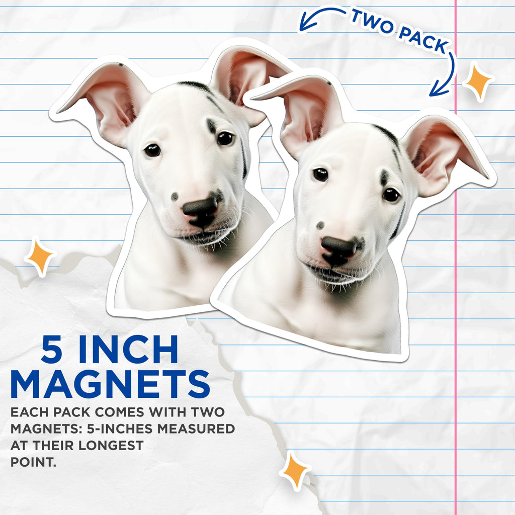 (2 Pack) Bull Terrier Puppy Magnets - Cute Dog Decor - Pet Owner Present - Refrigerator Whiteboard Accent - 5 Inches On Longest Side - Thick Durable Magnet - Made in USA - MAG29996