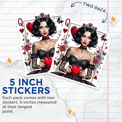 (2 Pack) Queen of Hearts Stickers - Gothic Heart Stickers - Dark Queen Stickers - 5" On Longest Side - Sticks to Smooth Flat Surfaces - Made in USA - BMCS4667