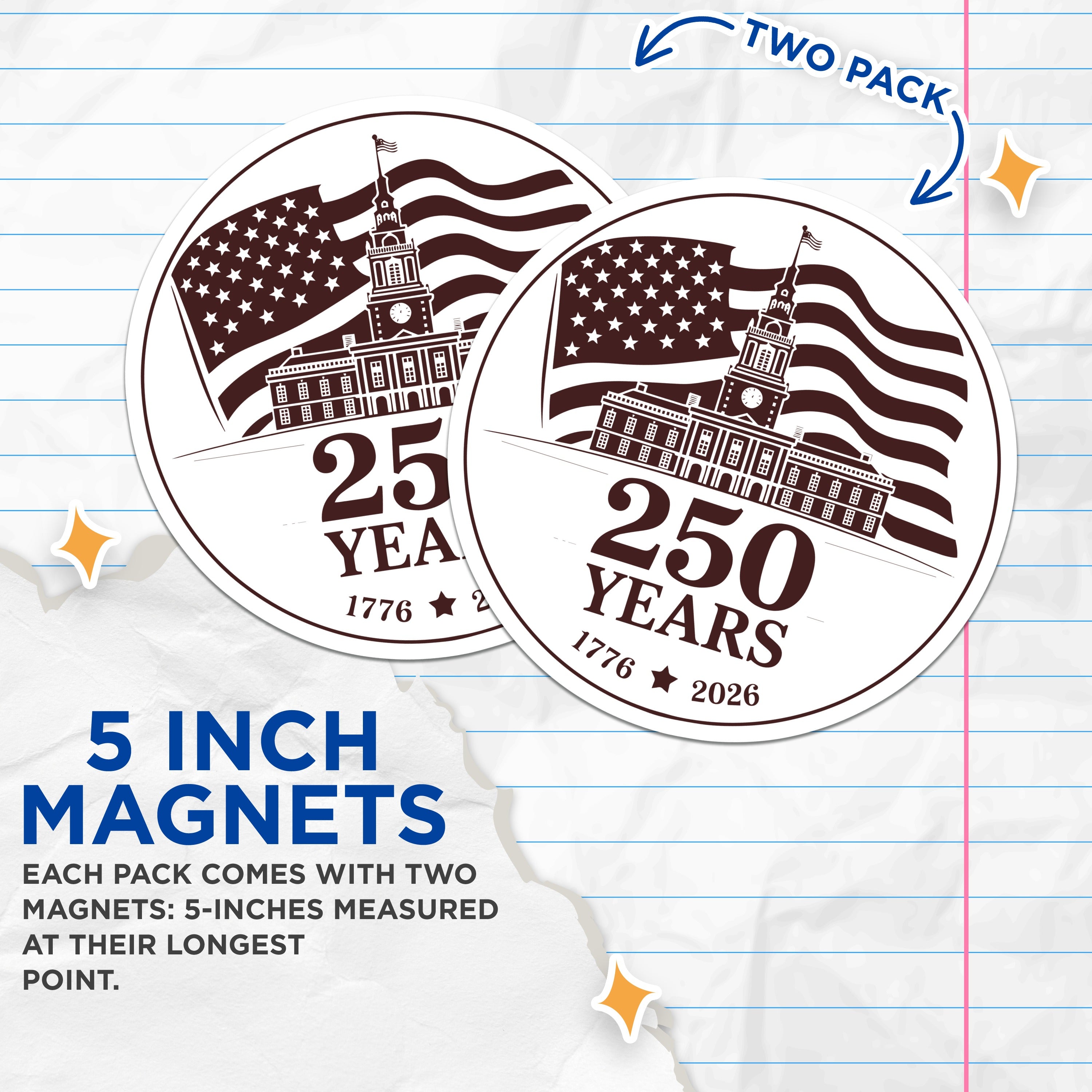(2 Pack) 250 Years Independence Hall Magnets - American History 1776-2026 - Patriotic Decor - Philadelphia Souvenir - 5 Inches On Longest Side - Thick Durable Magnet - Made in USA - MAG38540