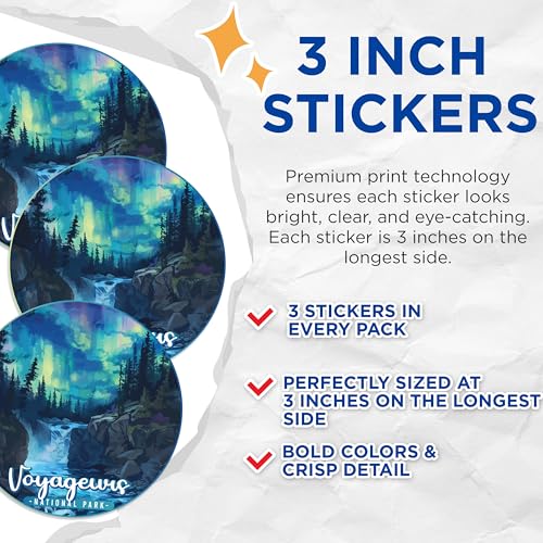 (3 Pack) Voyageurs Decals - National Park Stickers - Laptop Decals - Northern Lights Decal - 3 Inches On Longest Side - Easy Peel & Apply - Made in USA - 3MCS0498