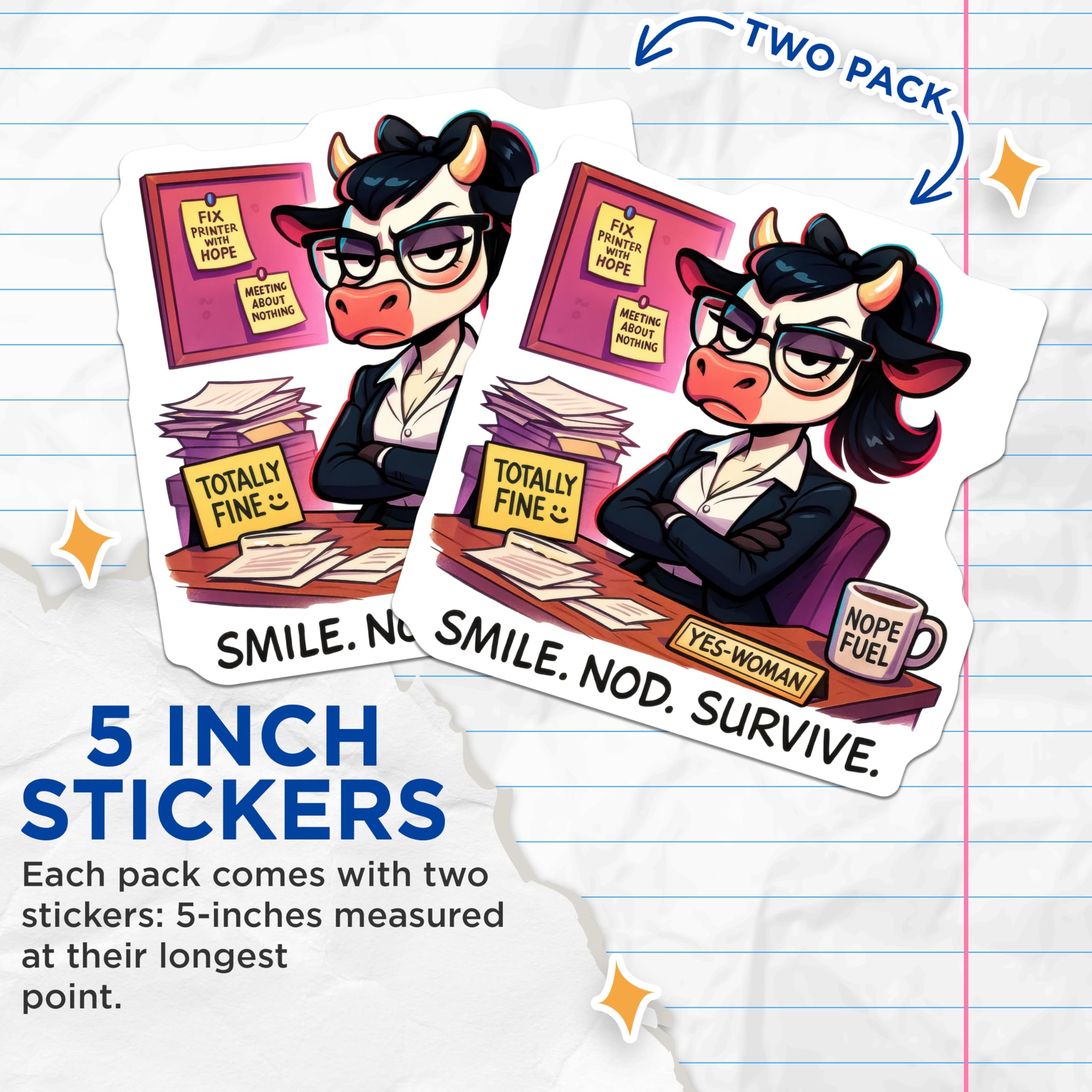 (2 Pack) Stressed Cow Office Stickers - Corporate Humor - Work Life Survival - 5" On Longest Side - Sticks to Smooth Flat Surfaces - Made in USA - BMCS20485