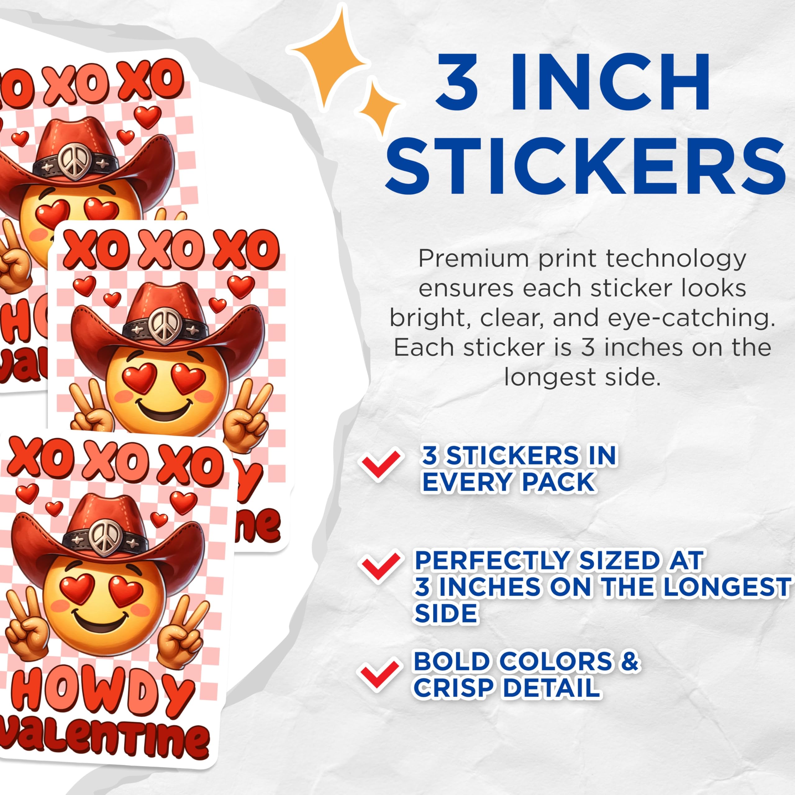 (3 Pack) Howdy Valentine Decals - Cowboy Emoji - XO Laptop Decals - 3 Inches On Longest Side - Easy Peel & Apply - Made in USA - 3MCS1919