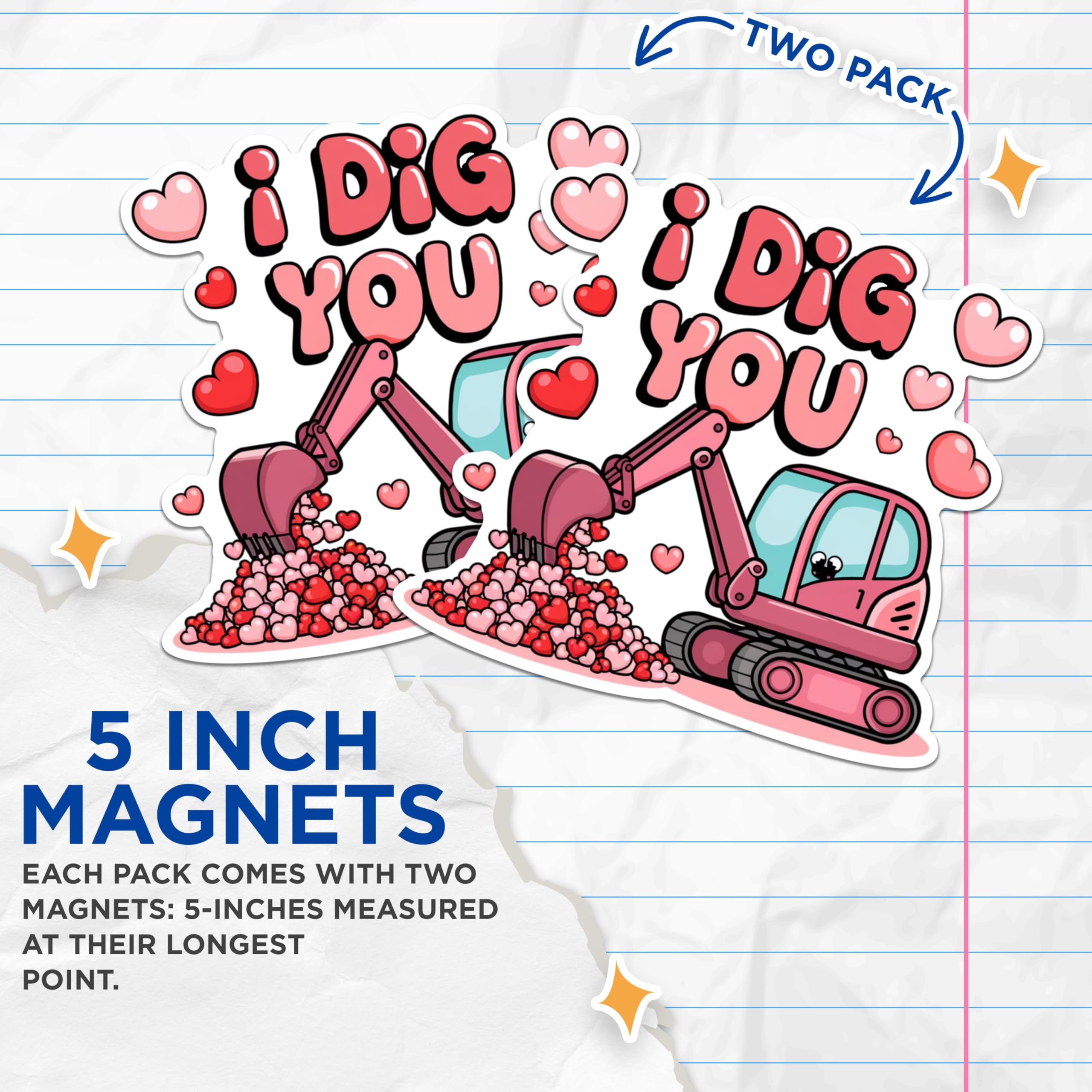 (2 Pack) I Dig You Magnets - Romantic Excavator Magnets - Heart Balloon Cartoon Magnets- 5" On Longest Side - for Fridges, Toolboxes, Cars - Made in USA - MAG2962