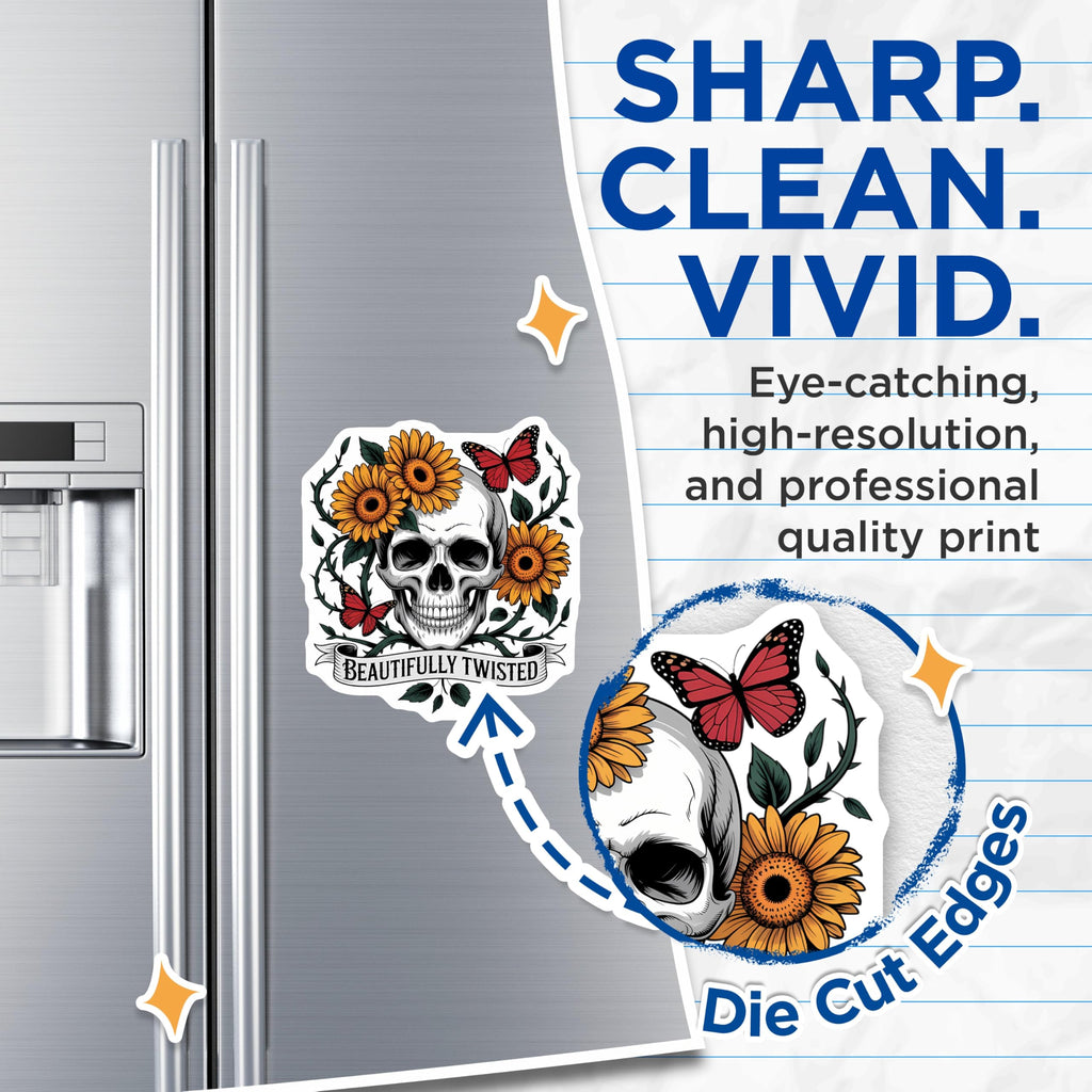 (2 Pack) Sunflower Skull Magnets - Beautifully Twisted Decor - Butterfly Goth Aesthetic - 5 Inches On Longest Side - Thick Durable Magnet - Made in USA - MAG20888