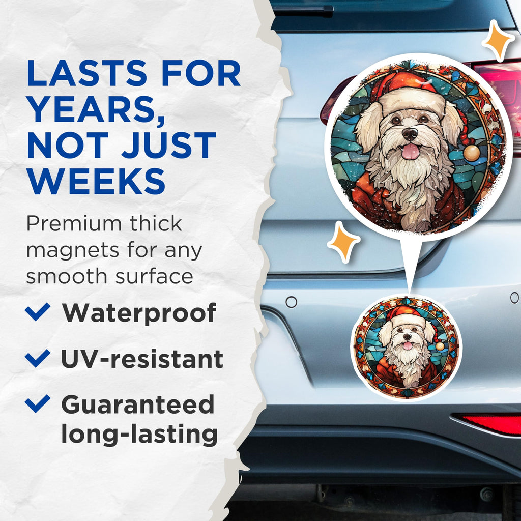 (2 Pack) Christmas Dog Magnets - Stained Glass Pet Art - Maltese Santa Decor for Dog Lovers - 5 Inches On Longest Side - Thick Durable Magnet - Made in USA - MAG30107