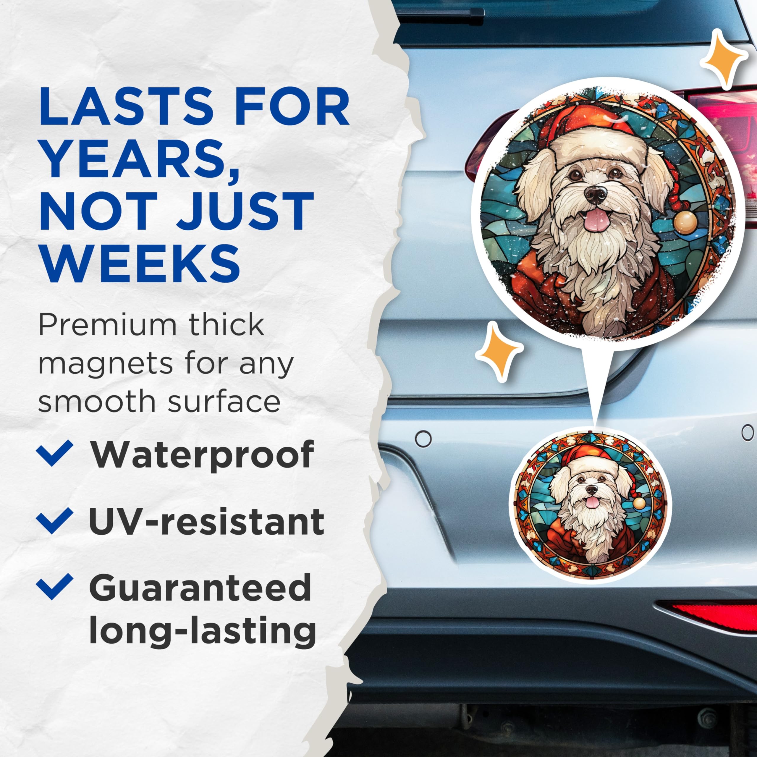 (2 Pack) Christmas Dog Magnets - Stained Glass Pet Art - Maltese Santa Decor for Dog Lovers - 5 Inches On Longest Side - Thick Durable Magnet - Made in USA - MAG30107