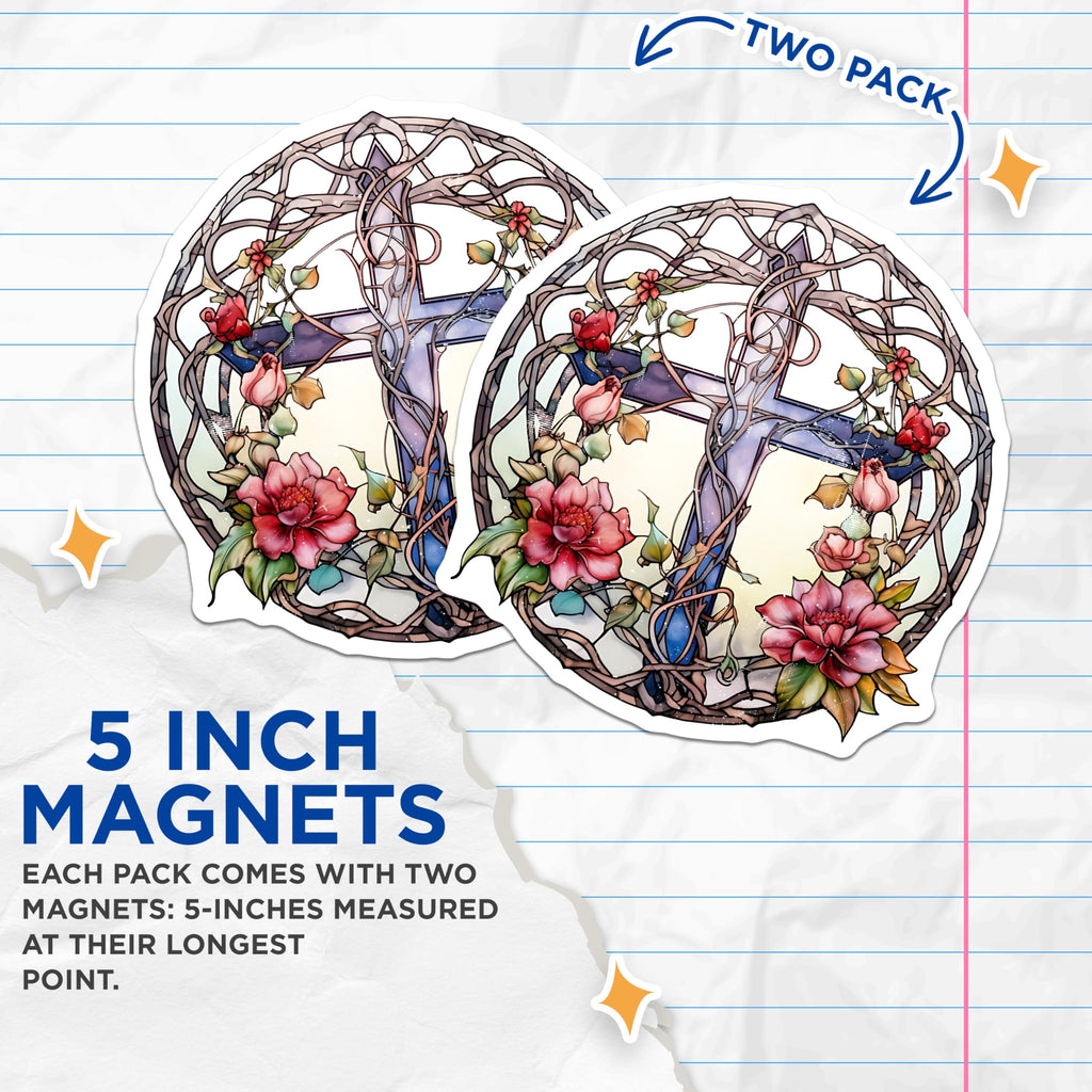 (2 Pack) Stained Glass Cross Magnets - Religious Rose Art - Christian Faith Decor - 5 Inches On Longest Side - Thick Durable Magnet - Made in USA - MAG30396