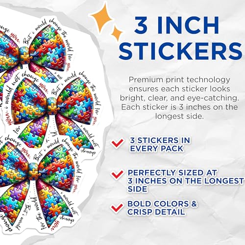 (3 Pack) Autism Awareness Decals - Puzzle Ribbon Decal - Laptop Stickers - 3 Inches On Longest Side - Easy Peel & Apply - Made in USA - 3MCS8173