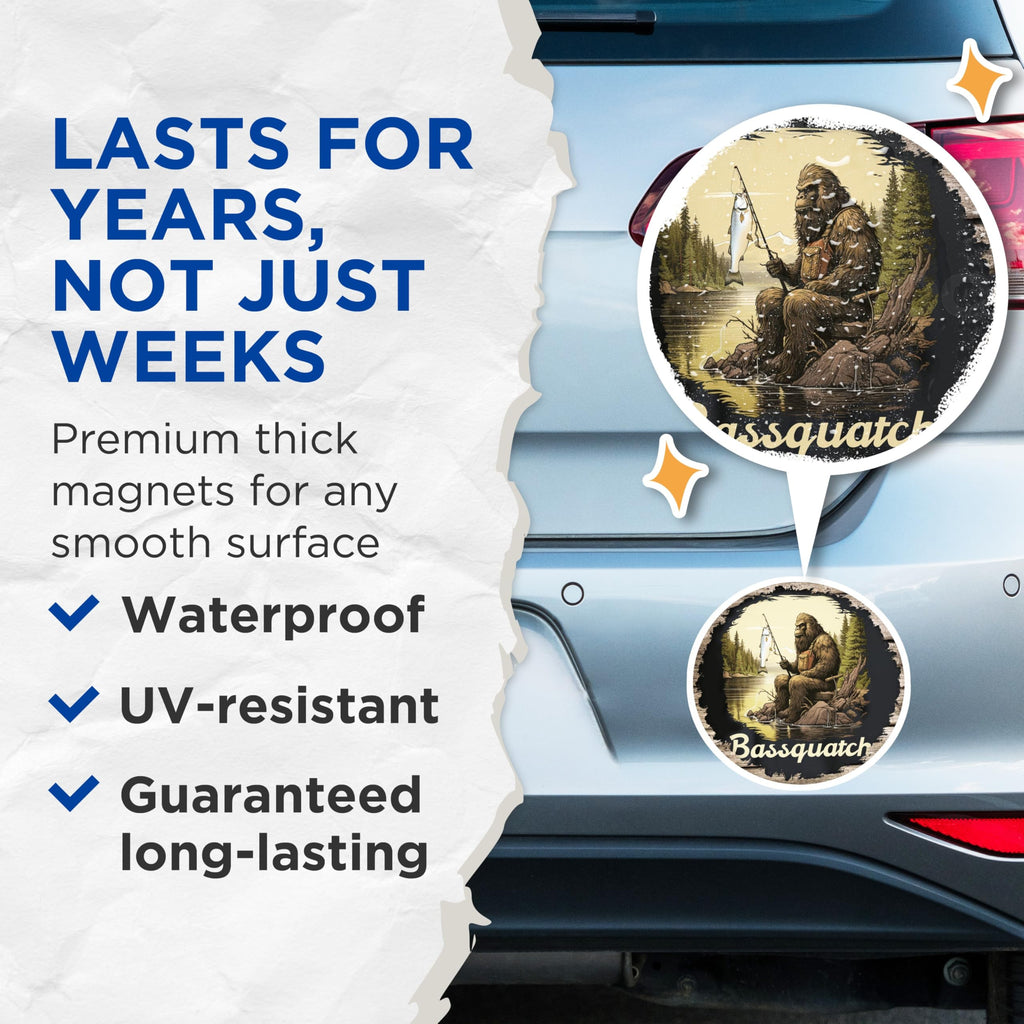 (2 Pack) Bassquatch Fishing Magnets - Bigfoot Humor - Outdoorsman Fridge Fun - 5 Inches On Longest Side - Thick Durable Magnet - Made in USA - MAG28436