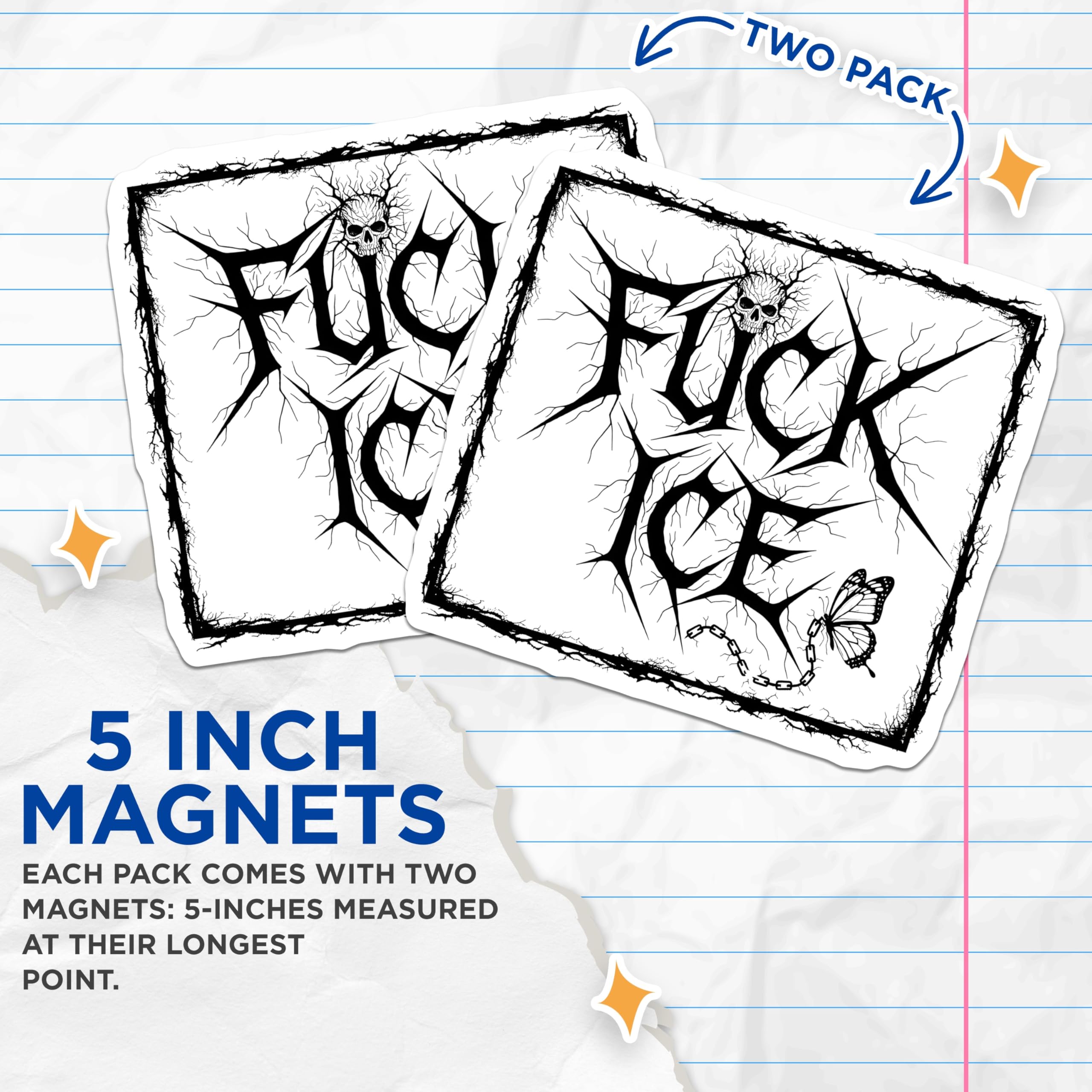 (2 Pack) Fuck ICE Magnets - Activist Statement Decor - Skull Butterfly Art - Human Rights Support - Refrigerator Decor - 5 Inches On Longest Side - Thick Durable Magnet - Made in USA - MAG25769