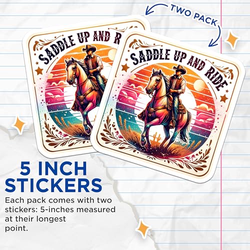 (2 Pack) Saddle Up and Ride Stickers - Western Cowboy Horse Stickers - Retro Style Adventure Stickers - 5" On Longest Side - Sticks to Smooth Flat Surfaces - Made in USA - BMCS6831