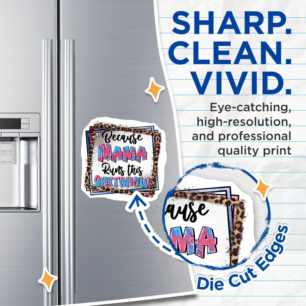 (2 Pack) Funny Mama Magnets - Mama Runs This Shitshow - Leopard Print Fridge Decor - 5 Inches On Longest Side - Thick Durable Magnet - Made in USA - MAG24163