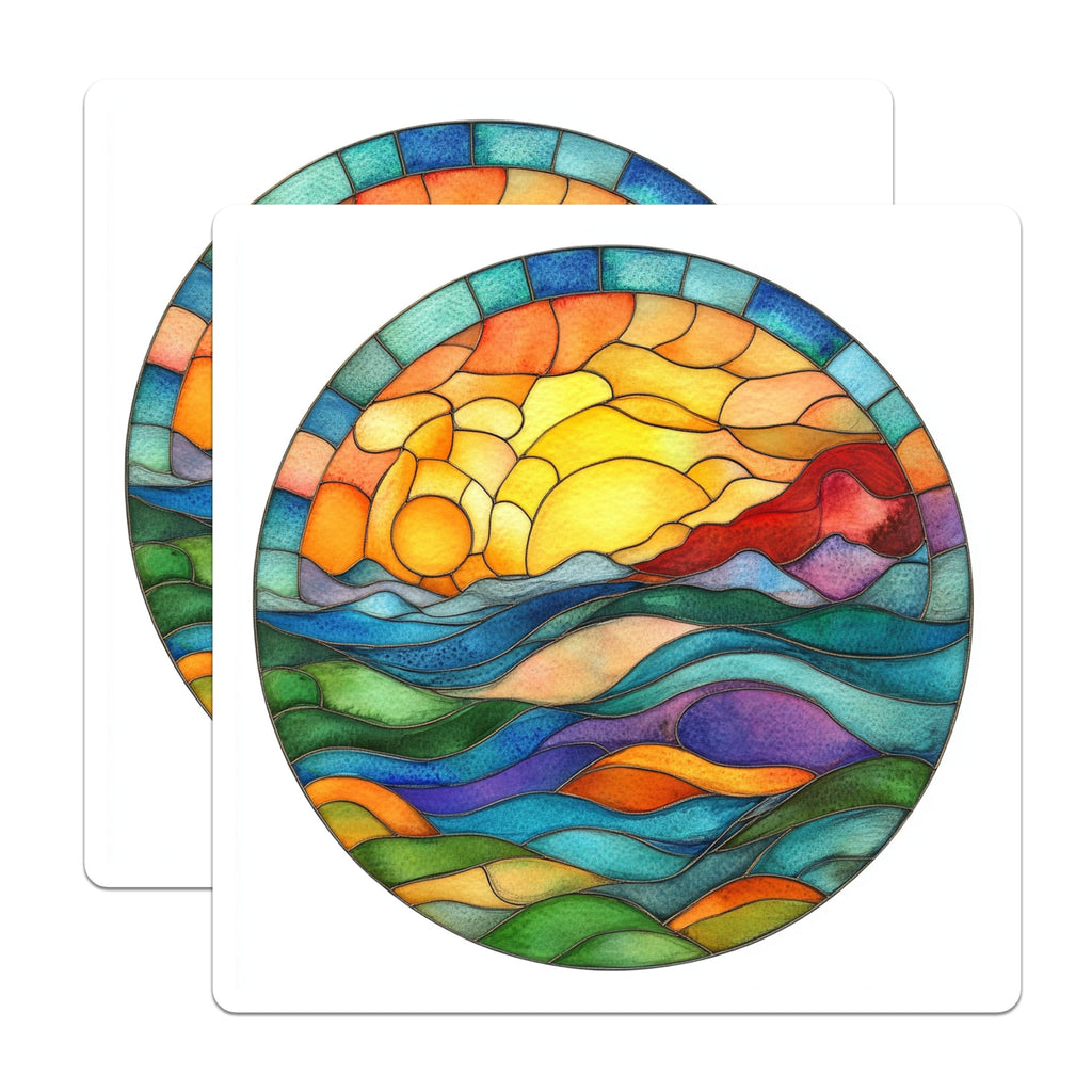 (2 Pack) Stained Glass Sunset Magnets - Abstract Ocean Waves - Colorful Nature Art Decor - 5 Inches On Longest Side - Thick Durable Magnet - Made in USA - MAG25051