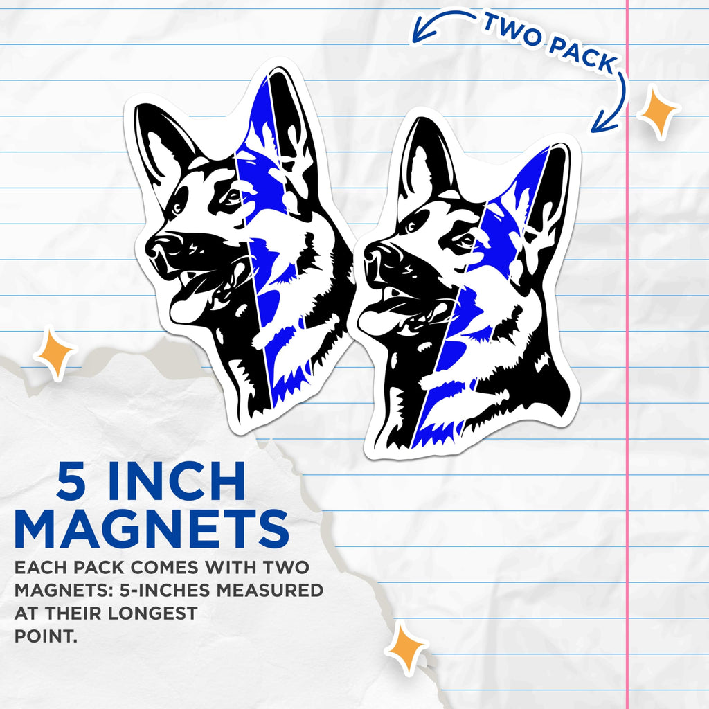 (2 Pack) German Shepherd Thin Blue Line Magnets - Police K9 Dog Decal - Law Enforcement Support Car Decor - 5 Inches On Longest Side - Thick Durable Magnet - Made in USA - MAG20613