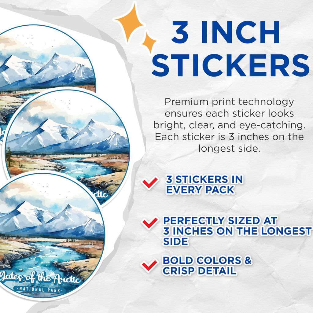 (3 Pack) Gates of Arctic Decals - National Park Decal - Laptop Decals - 3 Inches On Longest Side - Easy Peel & Apply - Made in USA - 3MCS0462