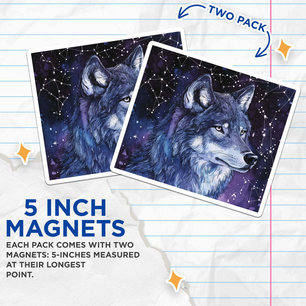(2 Pack) Wolf Magnets - Celestial Galaxy Animal Art - Mystical Wildlife Refrigerator Decor for Nature Lovers - 5 Inches On Longest Side - Thick Durable Magnet - Made in USA - MAG39593