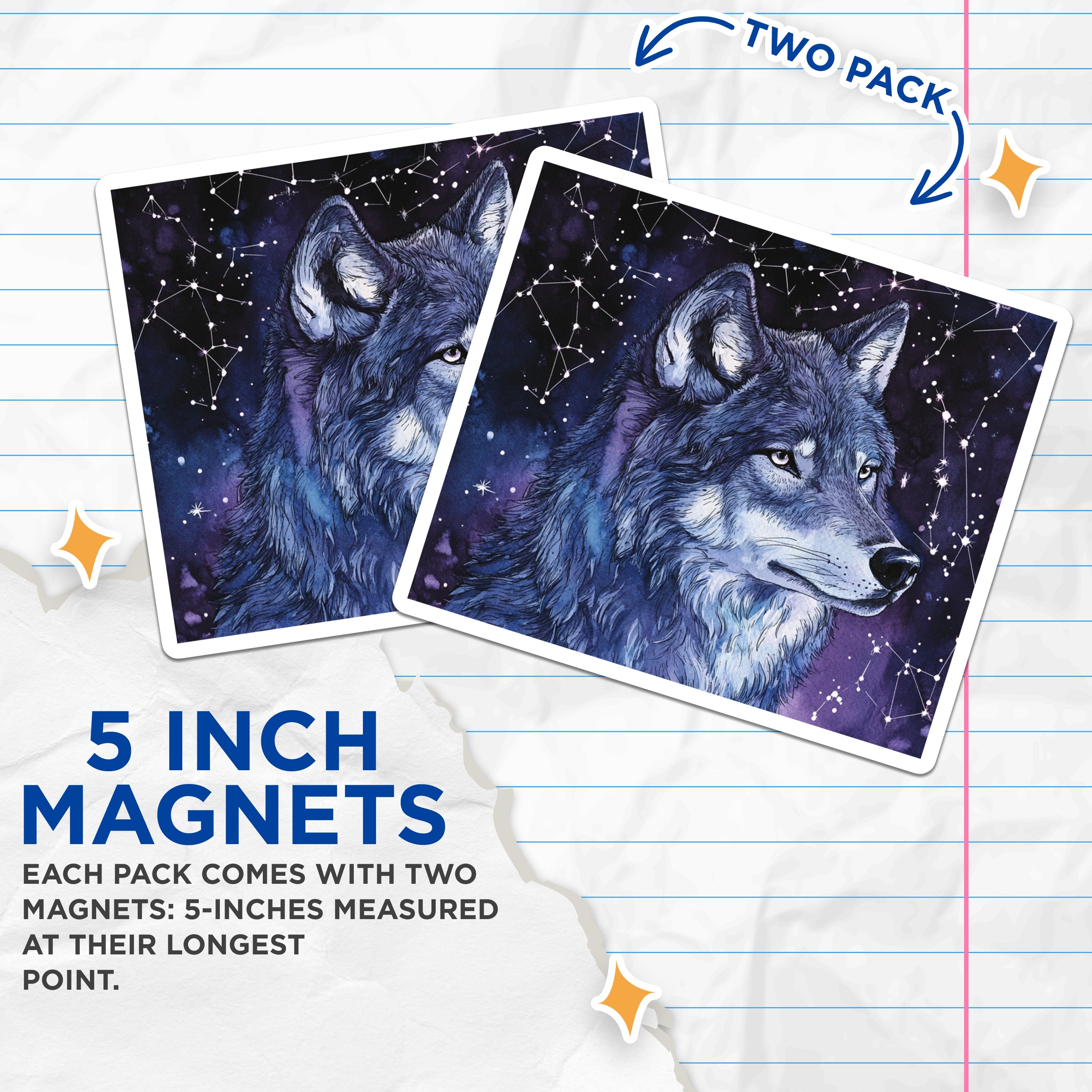 (2 Pack) Wolf Magnets - Celestial Galaxy Animal Art - Mystical Wildlife Refrigerator Decor for Nature Lovers - 5 Inches On Longest Side - Thick Durable Magnet - Made in USA - MAG39593