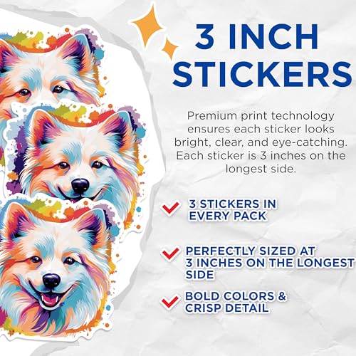 (3 Pack) Samoyed Dog Decals - Colorful Pet Stickers - Laptop Decal Art - 3 Inches On Longest Side - Easy Peel & Apply - Made in USA - 3MCS0627