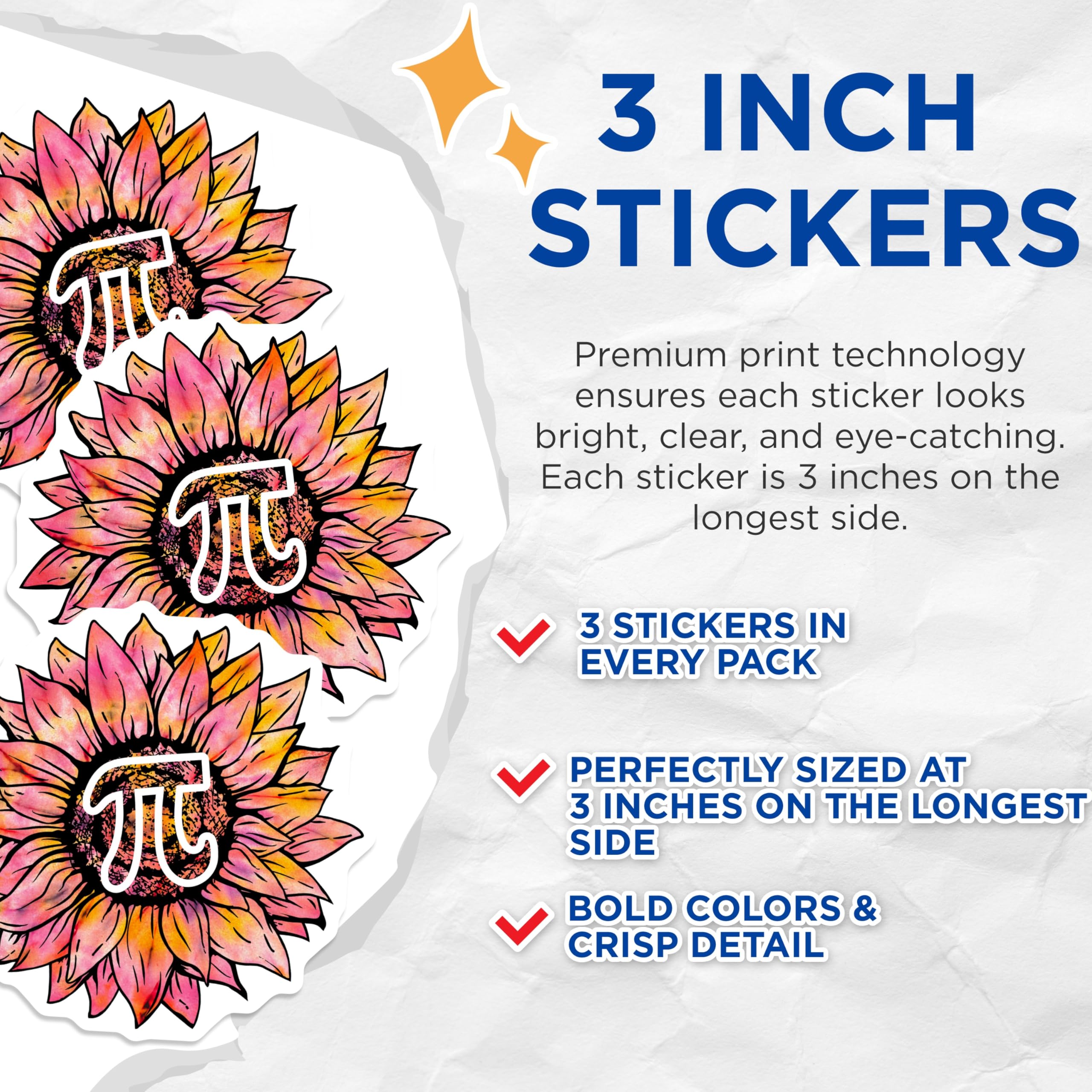 (3 Pack) Sunflower Pi Symbol Decals - Math Student - Teacher Decal - 3 Inches On Longest Side - Easy Peel & Apply - Made in USA - 3MCS4610
