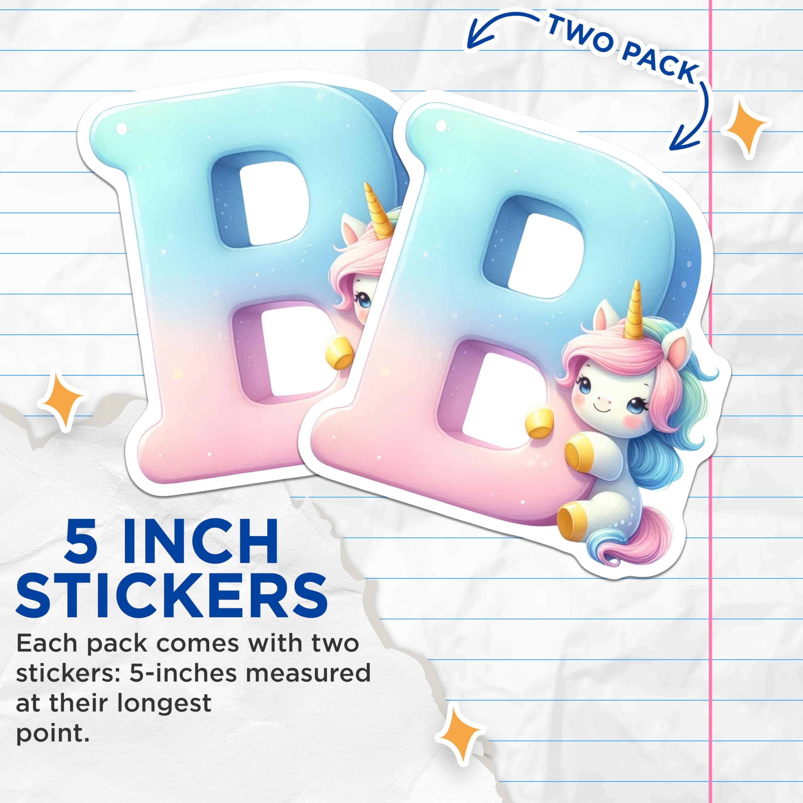 (2 Pack) Letter D Unicorn Stickers - Alphabet Initial D - Cute Unicorn Stickers - 5" On Longest Side - Sticks to Smooth Flat Surfaces - Made in USA - BMCS14397