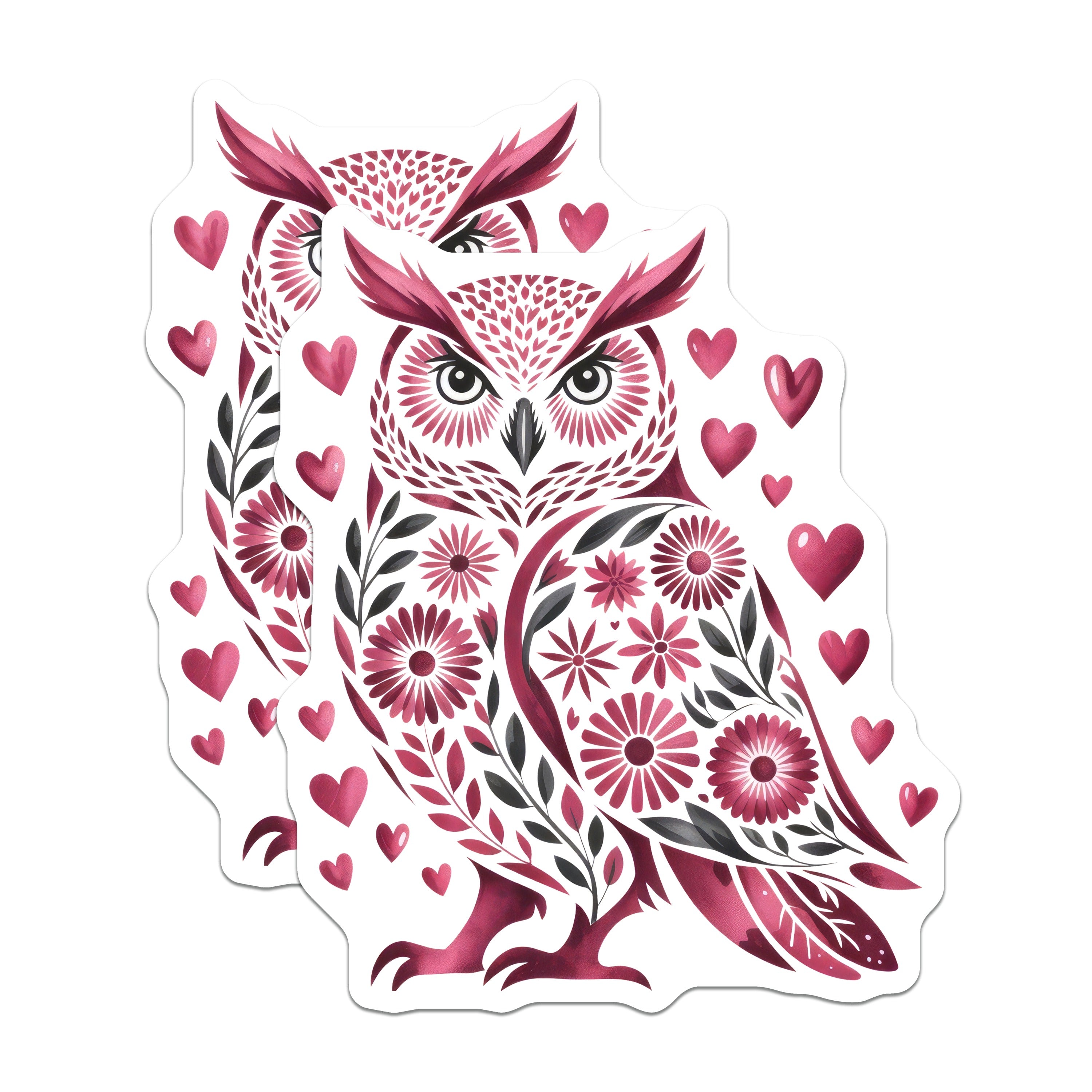 (2 Pack) Folk Art Owl Magnets - Whimsical Botanical Decor - Pink Heart Love Fridge Display - 5 Inches On Longest Side - Thick Durable Magnet - Made in USA - MAG39923