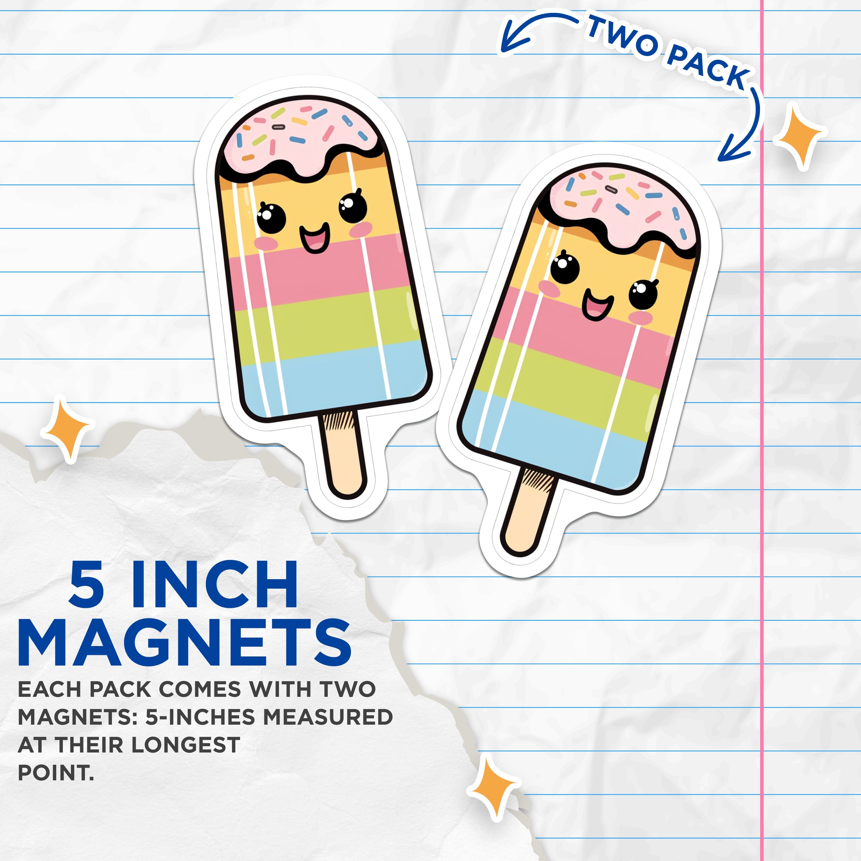 (2 Pack) Kawaii Popsicle Magnets - Rainbow Ice Cream Decor - Cute Food Refrigerator Locker Accessory for Kitchen Office - 5 Inches On Longest Side - Thick Durable Magnet - Made in USA - MAG37119