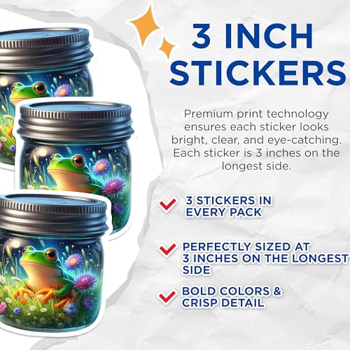 (3 Pack) Frog in Jar Decals - Floral Laptop Stickers - Cute Froggy Decal Set - 3 Inches On Longest Side - Easy Peel & Apply - Made in USA - 3MCS8148