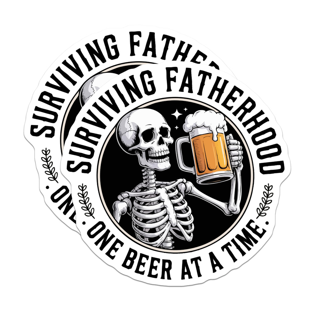 (2 Pack) Surviving Fatherhood Magnets - Funny Dad Beer Decor - Skeleton Drinker Fridge Accessories - 5 Inches On Longest Side - Thick Durable Magnet - Made in USA - MAG21560