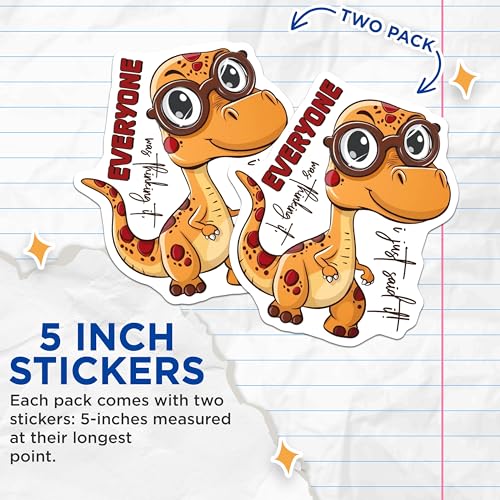 (2 Pack) Cute Dinosaur Stickers - Funny Cartoon Dino Stickers - Kids Animal Stickers for Notebooks and Scrapbooking - 5" On Longest Side - Sticks to Smooth Flat Surfaces - Made in USA - BMCS4372