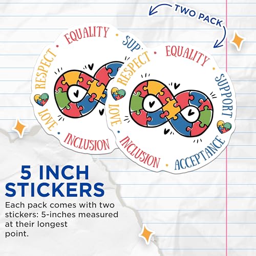 (2 Pack) Autism Awareness Stickers - Inclusion Equality Support - Respect Love Acceptance - 5" On Longest Side - Sticks to Smooth Flat Surfaces - Made in USA - BMCS8422
