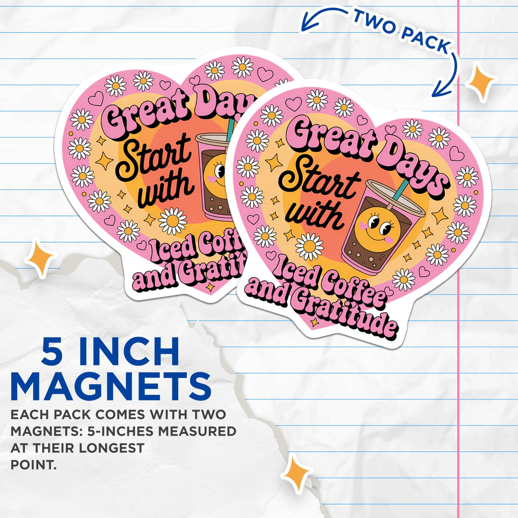 (2 Pack) Iced Coffee Gratitude Magnets - Retro Smiley Face Kitchen Decor - Groovy Daisy Heart Affirmation - 5 Inches On Longest Side - Thick Durable Magnet - Made in USA - MAG22885