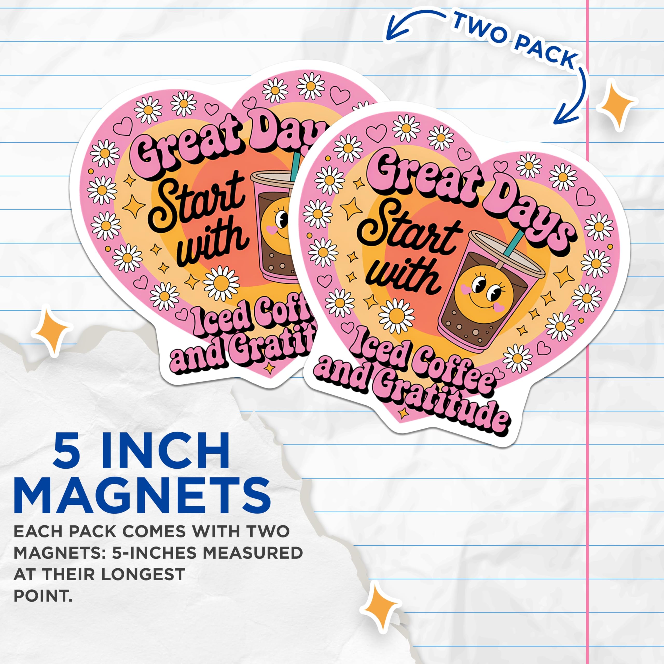 (2 Pack) Iced Coffee Gratitude Magnets - Retro Smiley Face Kitchen Decor - Groovy Daisy Heart Affirmation - 5 Inches On Longest Side - Thick Durable Magnet - Made in USA - MAG22885