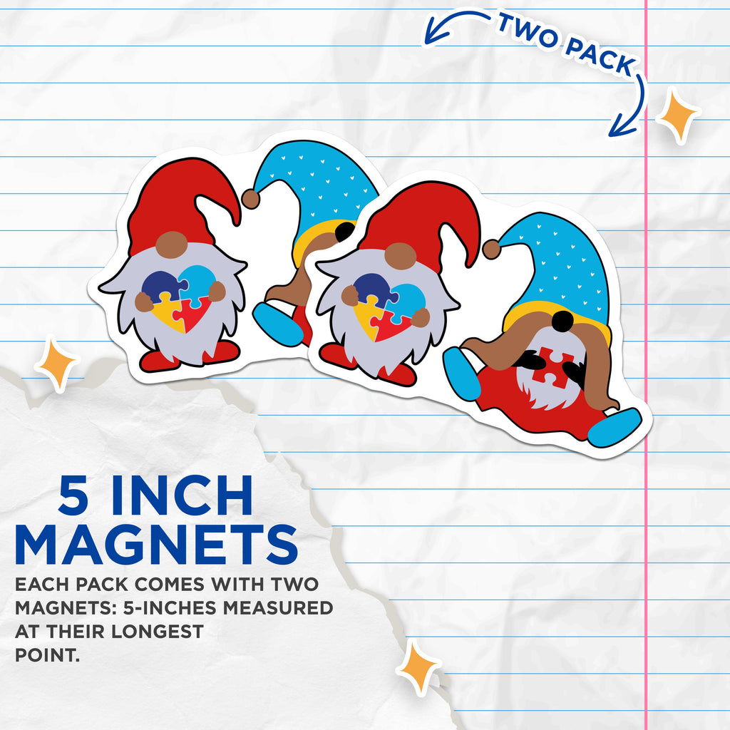 (2 Pack) Autism Awareness Gnome Magnets - Neurodiversity Puzzle Piece Support - Teacher Appreciation Locker Fridge Accent - 5 Inches On Longest Side - Thick Durable Magnet - Made in USA - MAG37112