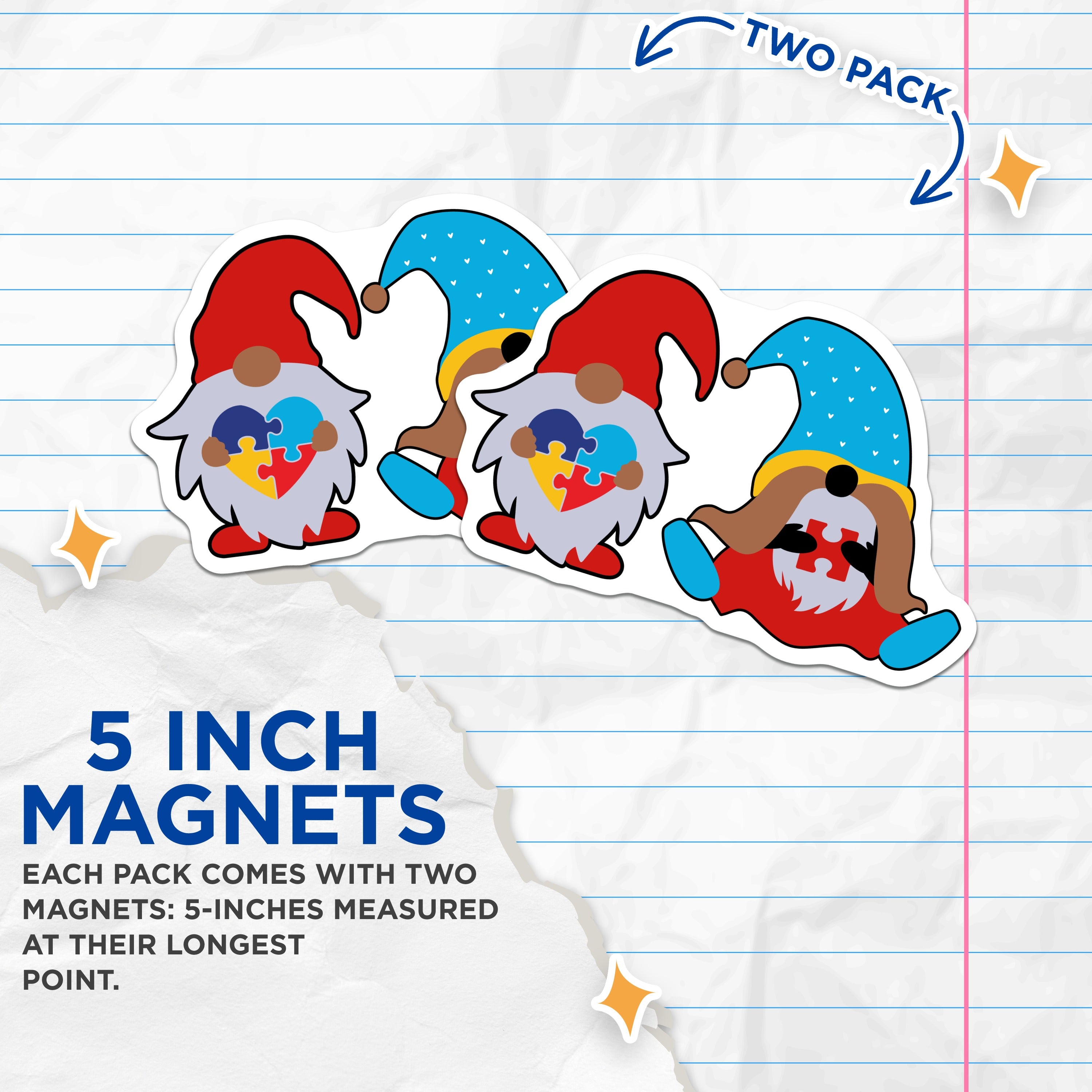 (2 Pack) Autism Awareness Gnome Magnets - Neurodiversity Puzzle Piece Support - Teacher Appreciation Locker Fridge Accent - 5 Inches On Longest Side - Thick Durable Magnet - Made in USA - MAG37112