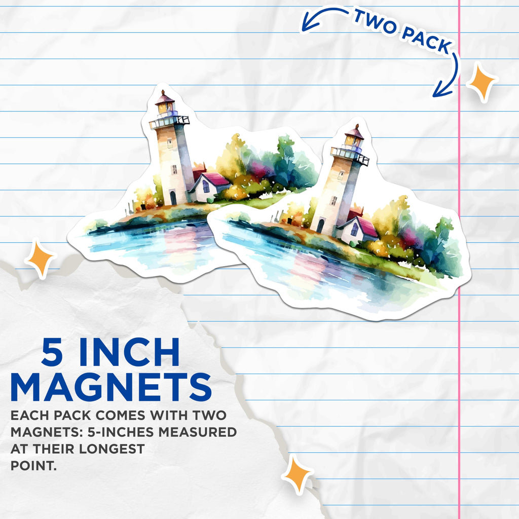 (2 Pack) Lighthouse Magnets - Coastal Scenery Art - Nautical Watercolor Landscape Home Decor Beach House - 5 Inches On Longest Side - Thick Durable Magnet - Made in USA - MAG19633