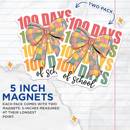 (2 Pack) 100 Days of School Magnets - Plaid Bow Magnets - Back to School Celebration Magnets - 5" On Longest Side - for Cars, Refrigerators, Toolboxes, Lockers - Made in USA BMCS3402