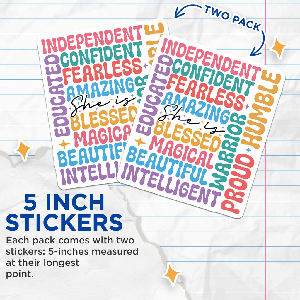 (2 Pack) Independent Confident Stickers - She is Amazing Blessed Stickers - Magical Beautiful Warrior Stickers - 5" On Longest Side - Sticks to Any Smooth Flat Surface - Made in USA - BMCS3088