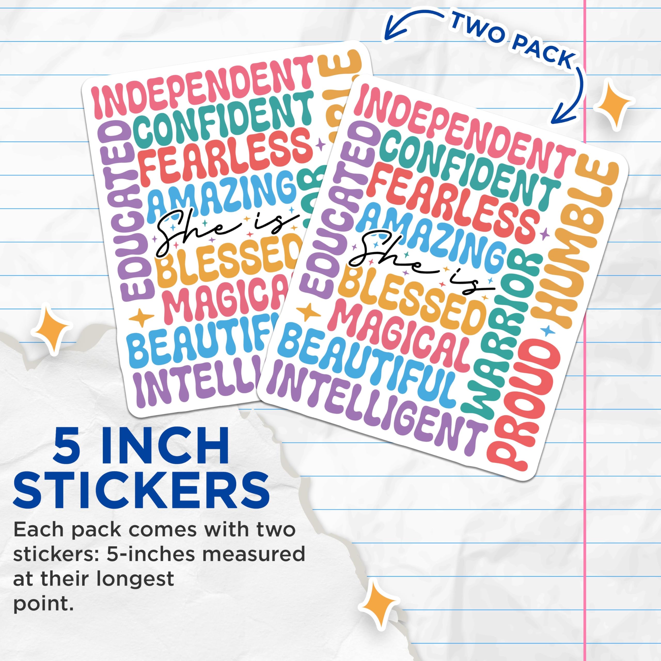 (2 Pack) Independent Confident Stickers - She is Amazing Blessed Stickers - Magical Beautiful Warrior Stickers - 5" On Longest Side - Sticks to Any Smooth Flat Surface - Made in USA - BMCS3088