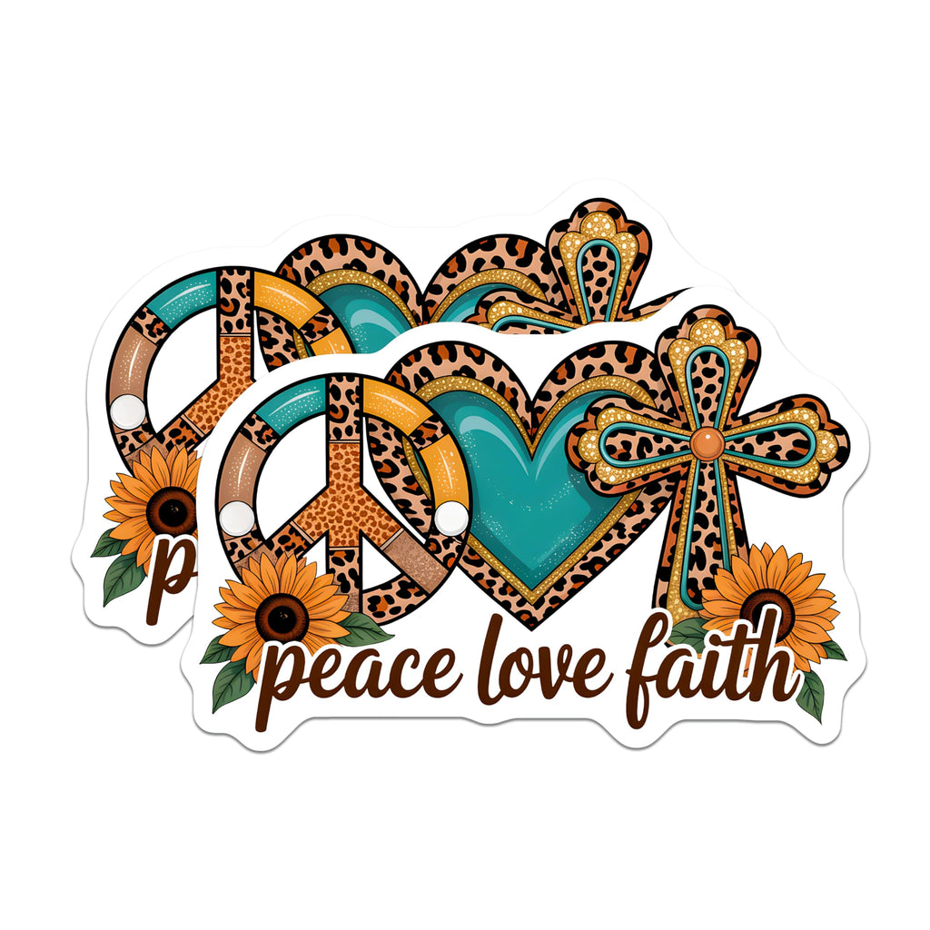 (2 Pack) Peace Love Faith Magnets - Cheetah Print Sunflower Teal Decor - Boho Western Country Spiritual Symbols - 5 Inches On Longest Side - Thick Durable Magnet - Made in USA - MAG19978
